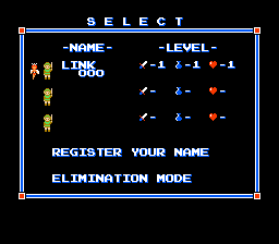 Select screen from Zelda 2 on NES